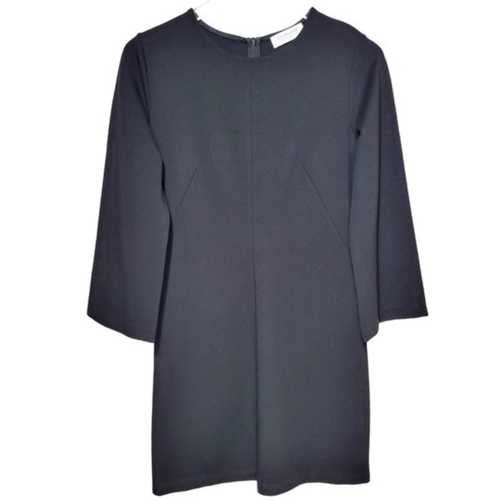 EVERLANE Ponte Knit Crew Neck 3/4 Length Bell Sleeve Mini Dress in Solid Black